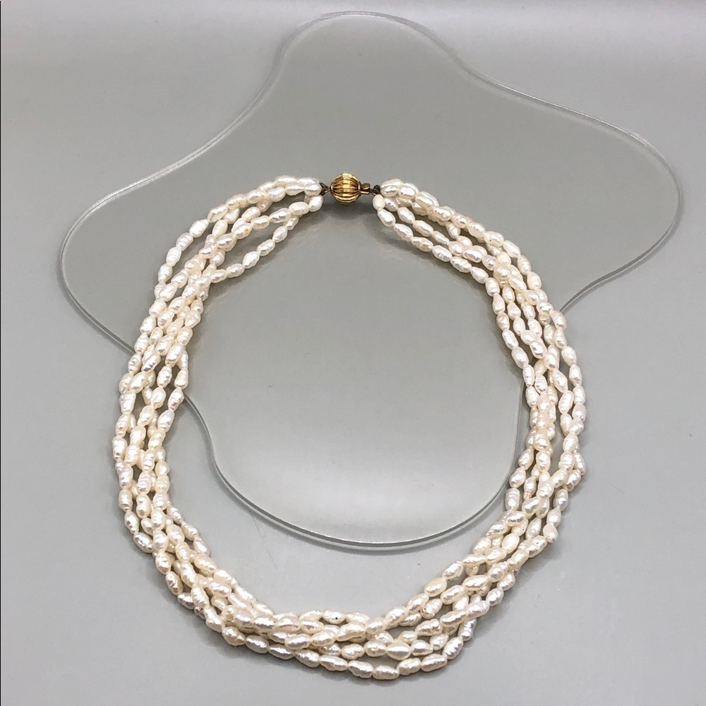 Vintage 14k yellow gold clasp 5 strands rice pearls layered necklace makers mark
